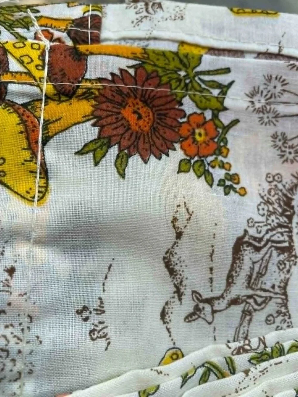 Vtg 70s Mushroom Woodland Toile Fabric Craft Lot 12 Pcs 11+ Yds Total Hemmed